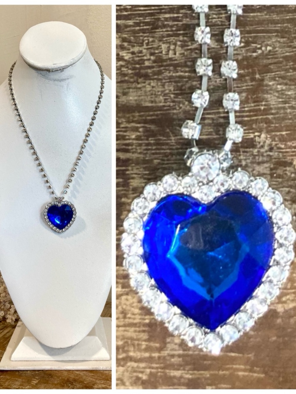Girls Silver Tone Heart & Rhienstone Necklace with Blue Center